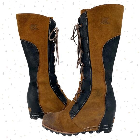 Sorel Cate the Great Elk Black & Tan Knee High Lace Up Suede Boots Size 9 - Picture 1 of 15